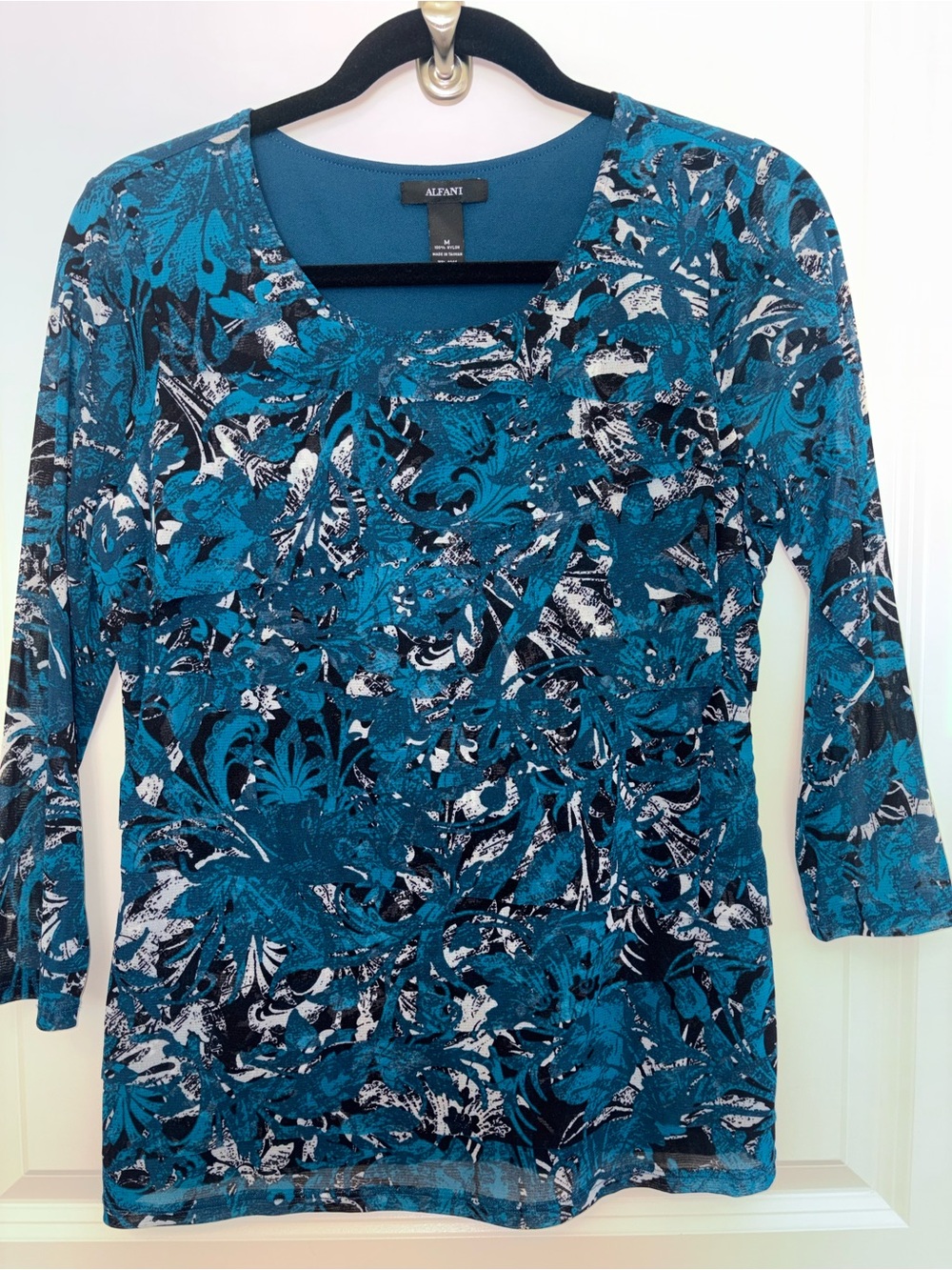 Alfani Teal and Black Floral Lace-Effect Long Sleeve Top